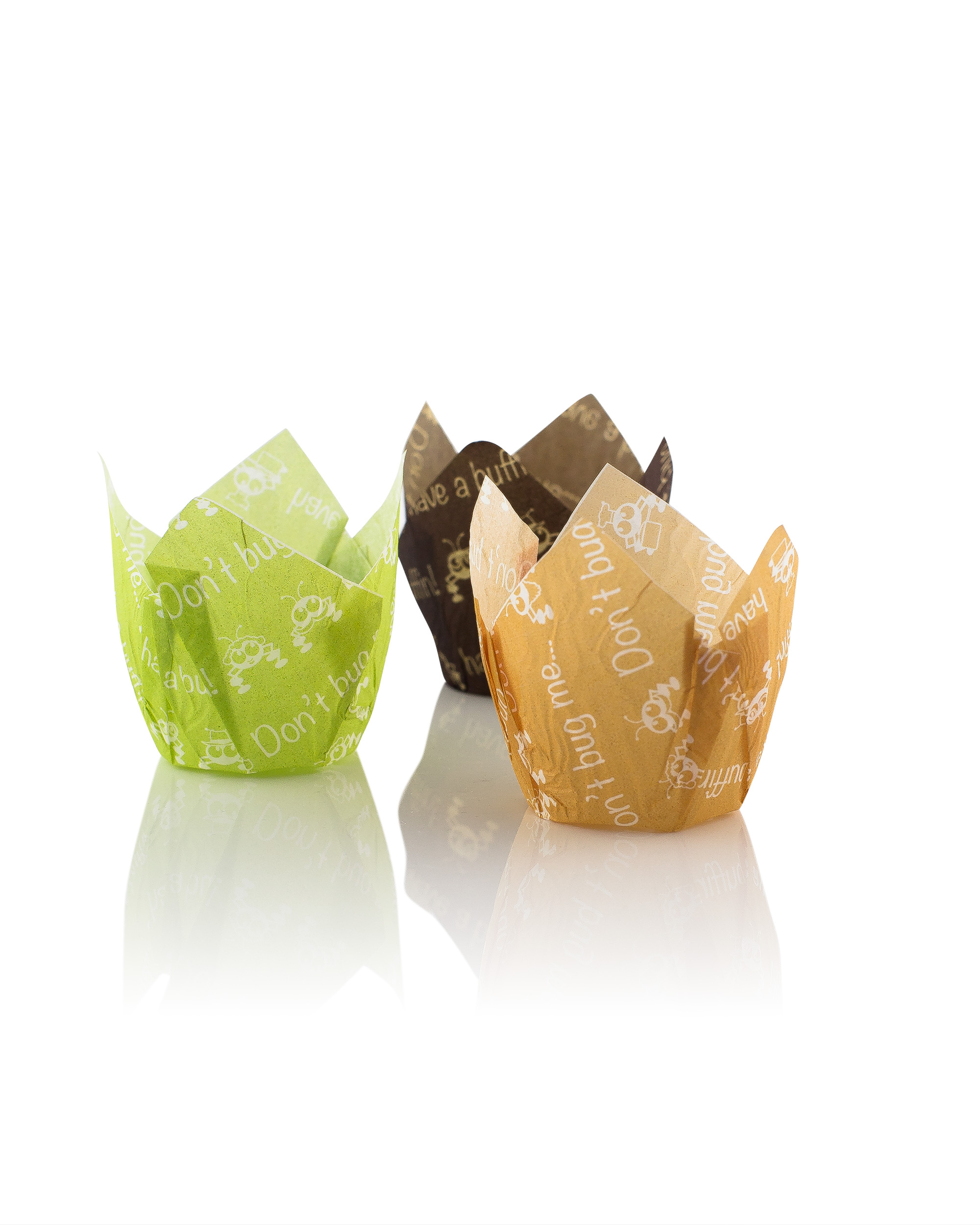 three tulip cups in green, brown and white with 'don't bug me' designed on the cup